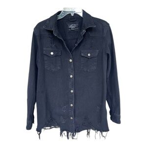 American Bazi Black Distressed Button Down Long Sleeve Frayed Hem Denim Jacket M